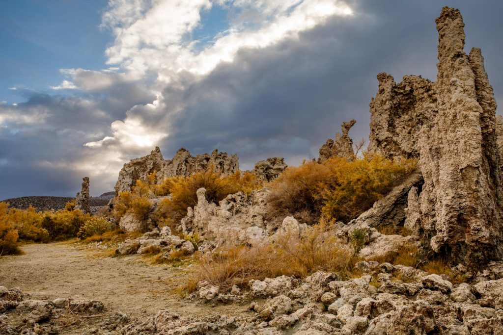 Tufa formations at Mono Lake in California with dramatic sky