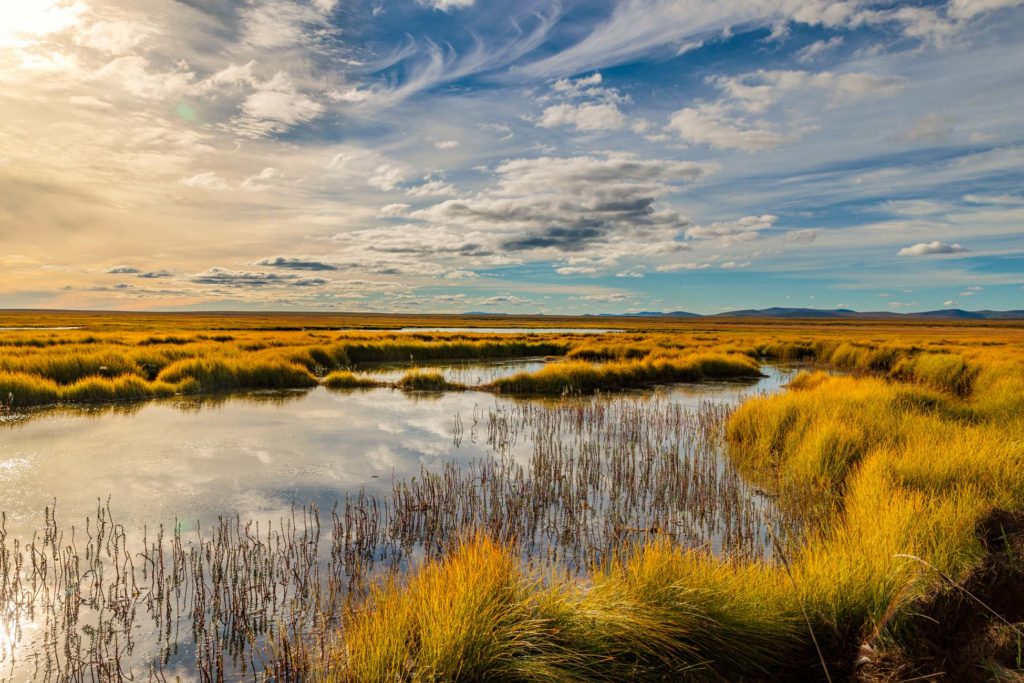 dramatic sky reflections in tundra ponds in fall near Nome, Alaska