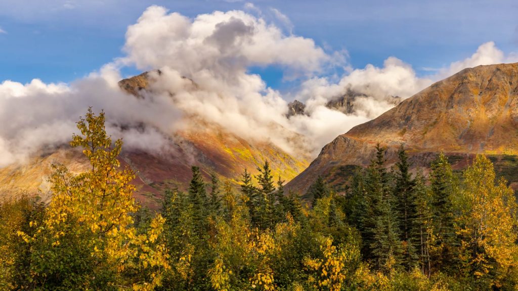 mountains of the Alaska range in the clouds with fall colors